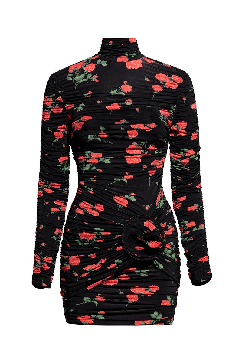 H&M x Magda Butrym Rose-Appliqued Mock Turtleneck Dress Black/Roses