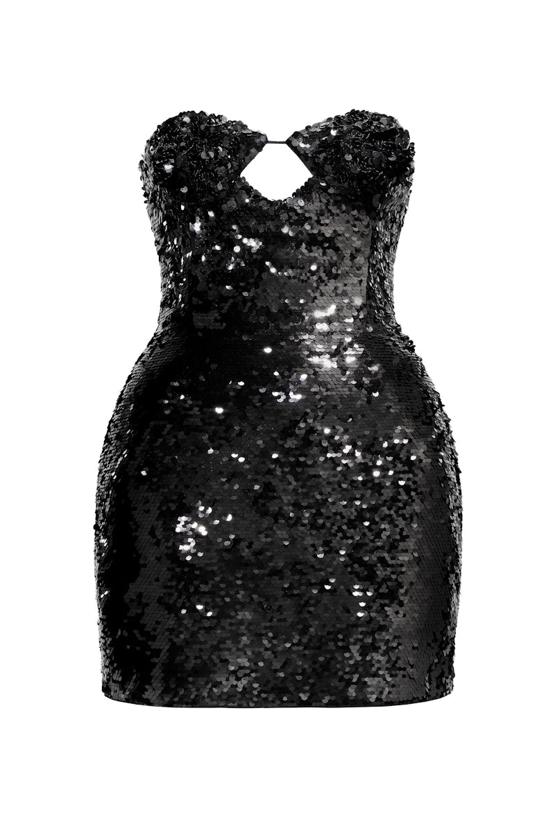 H&M x Magda Butrym Sequined Hourglass Dress with Rose Applique Black
