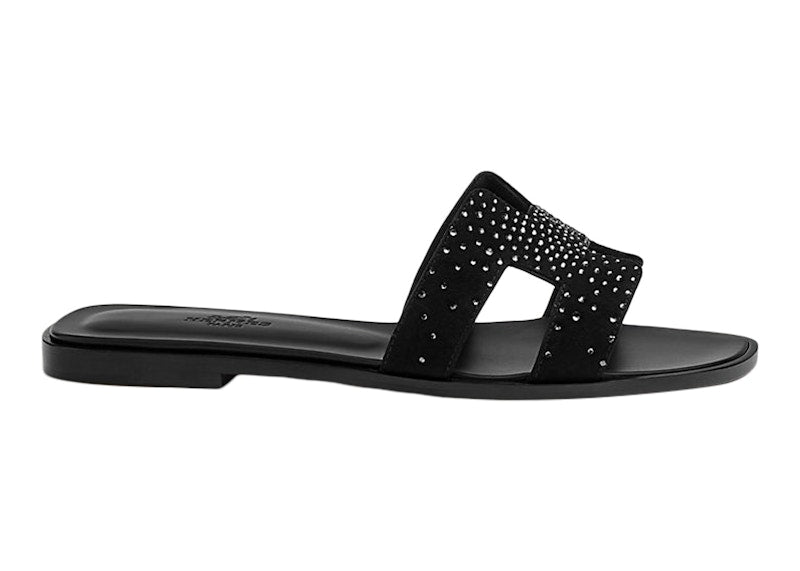 Hermes Oran Sandal Rhinestone Noir Suede Goatskin