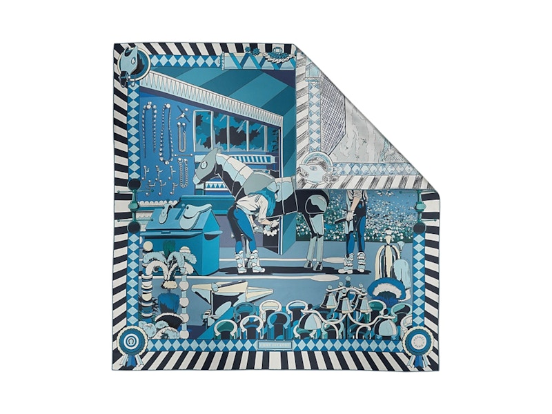 Hermes Pony Pit Stop Double Face Scarf Blue Cobalt/Blanc/Marine