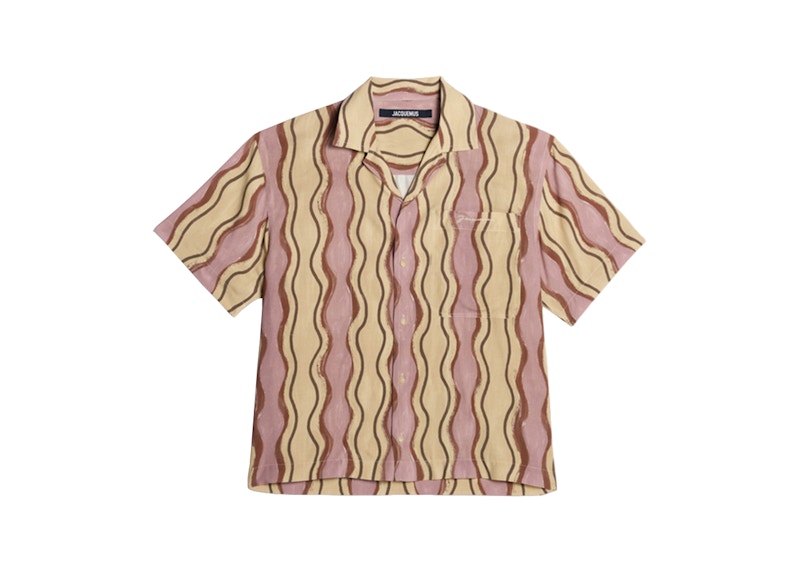 Jacquemus La Chemise Jean Summer Sketch Bowling Shirt Print Brown Waves Strip