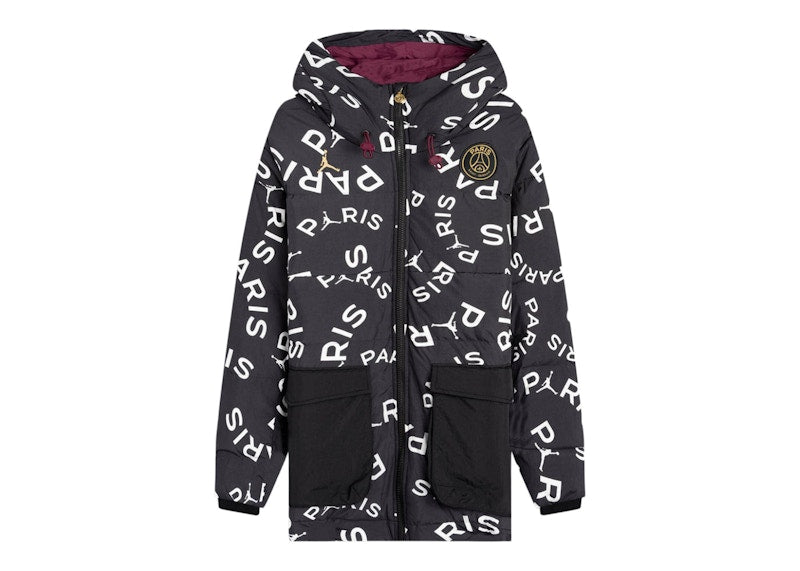 Jordan x PSG Paris Saint Germain Down AOP Parka Jacket Black/Bordeaux/White/Metallic Gold