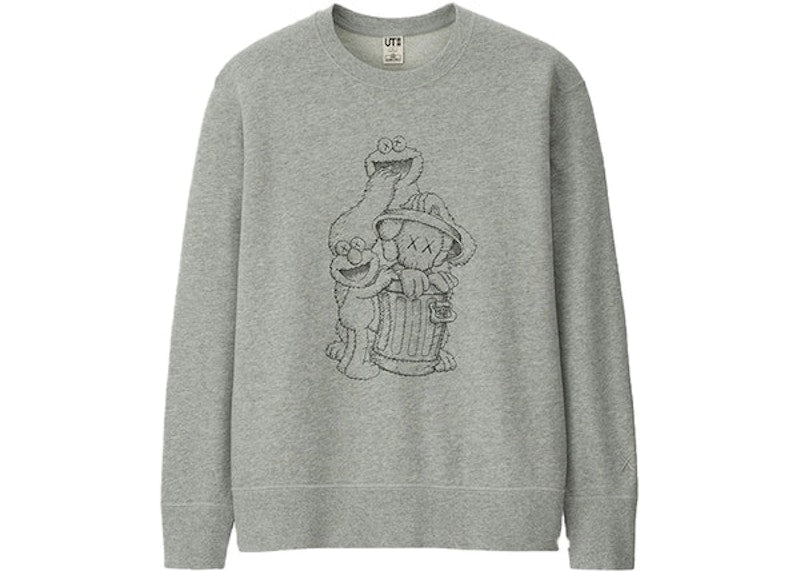 KAWS x Uniqlo x Sesame Street Companion Trash Can Outline Sweatshirt (Asia Sizing) Gray