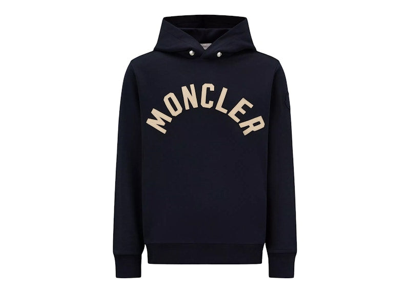 Moncler Curved Logo Plush Cotton Hoodie Night Blue