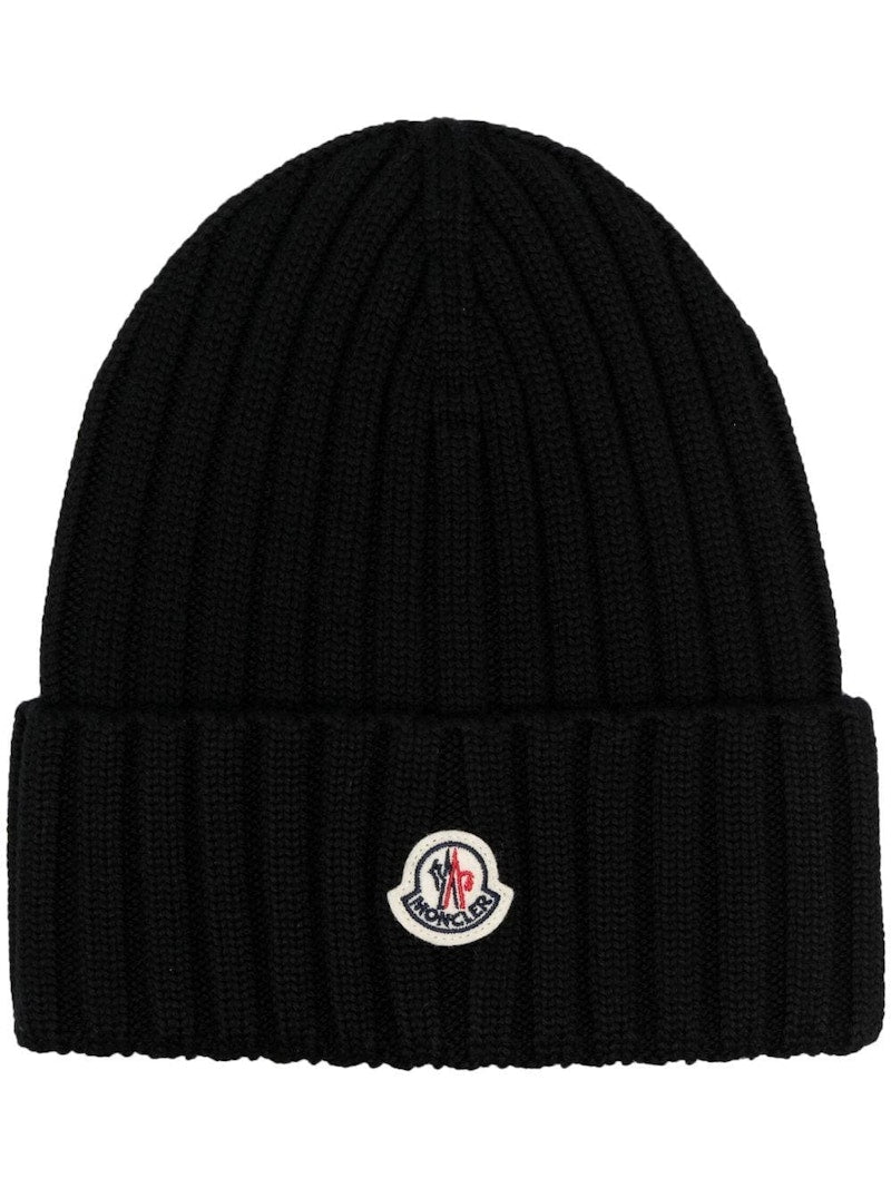 Moncler Ribbed Knit Wool Beanie Black