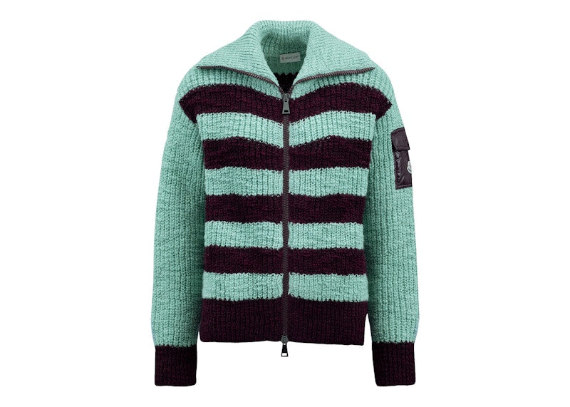 Moncler Women's Turtleneck Two-Toned Striped Back Cardigan Bordeaux/Aquagreen