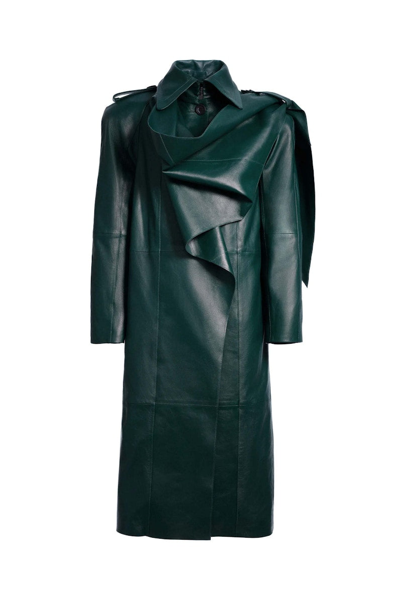 Mugler H&M Leather Trench Coat with Scarf Dark Green