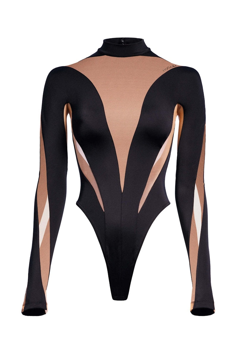 Mugler H&M Mesh-Paneled Bodysuit Beige/Black