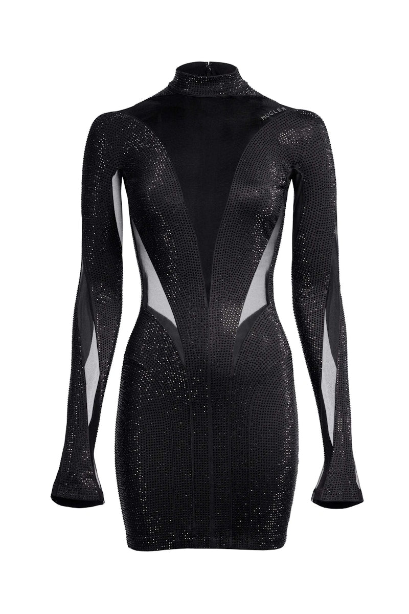Mugler H&M Spiral-Panel Mini Dress with Rhinestones Black