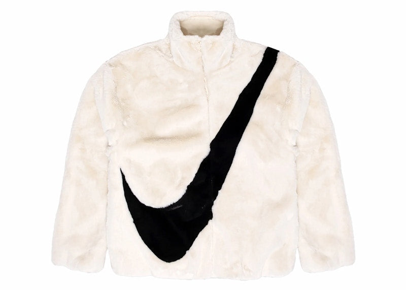 Nike Sportswear Women's Oversized Swoosh Logo Faux Fur Jacket Fossil/Black