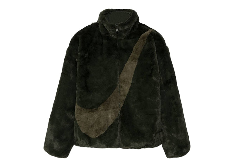 Nike Womens Faux Fur Oversized Swoosh Logo Jacket Carbon Green/Medium Olive
