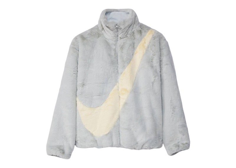 Nike Womens Faux Fur Oversized Swoosh Logo Jacket Photon Dust/Cashmere
