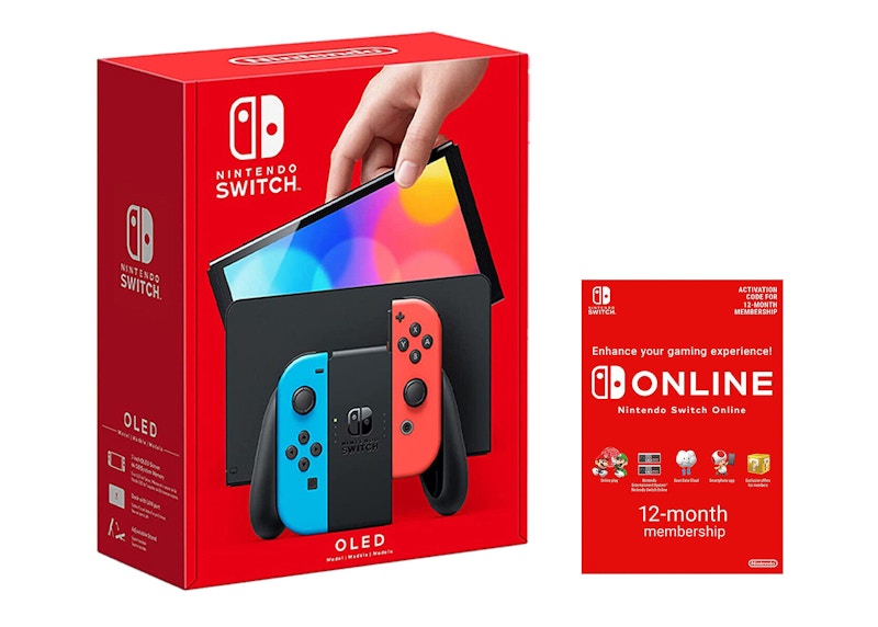 Nintendo Switch OLED with Online 12 Month Family Membership Bundle NS-HEGSKABAA Neon Blue/Neon Red