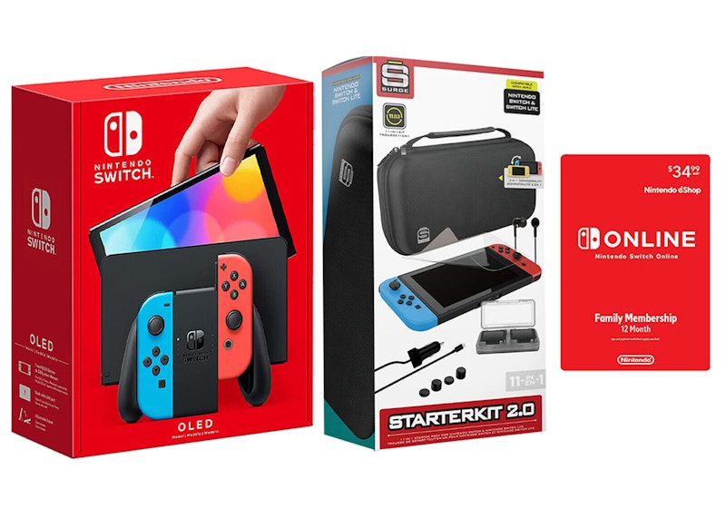 Nintendo Switch OLED with Online 12 Month Family Membership and Surge 11-In-1 Accessory Starter Pack Bundle NS-HEGSKABAA/SG60047 Neon Blue/Neon Red