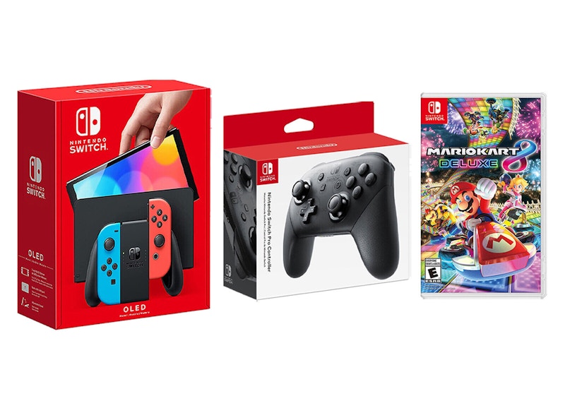 Nintendo Switch OLED with Pro Controller and Mario Kart 8 Deluxe Game Bundle NS-HEGSKABAA Neon Blue/Neon Red
