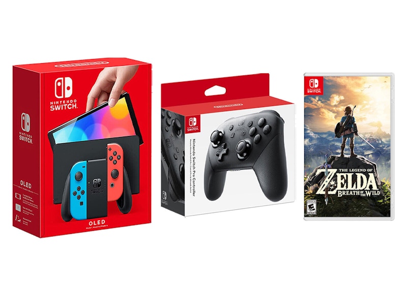 Nintendo Switch OLED with Pro Controller and The Legend of Zelda: Breath of the Wild Game Bundle NS-HEGSKABAA Neon Blue/Neon Red