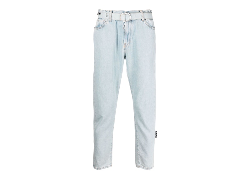 OFF-WHITE Belted Cropped Tapered Leg Jeans Pale Blue