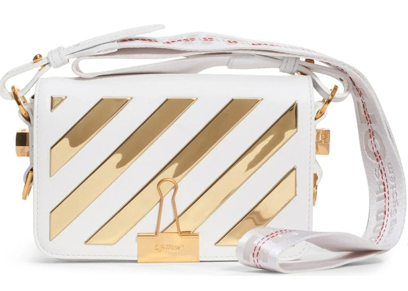 OFF-WHITE Binder Clip Flap Bag Metallic Diagonal Stripe Mini White/Gold