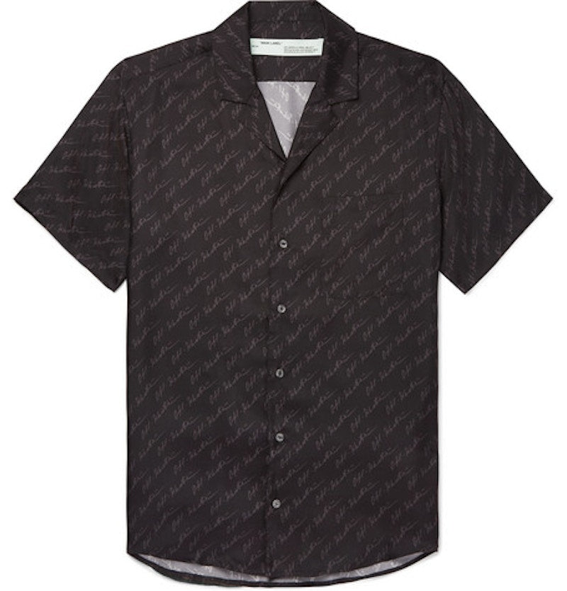 OFF-WHITE Camp Collar Logo Print Silk Shirt Black/Grey