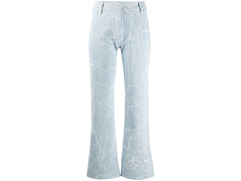 OFF-WHITE Cropped All Over Print Denim Jeans Blue/White