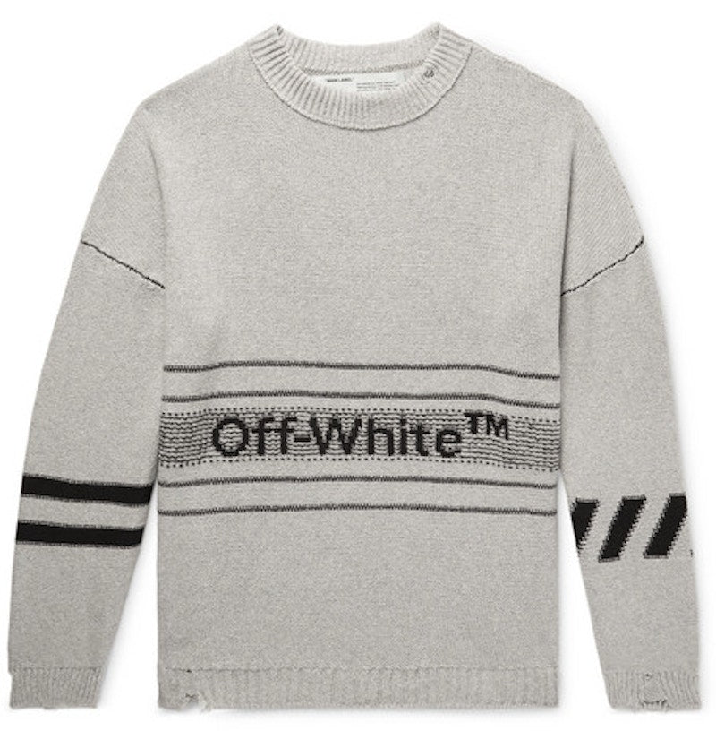 OFF-WHITE Distressed Logo Intarsia Sweater Grey/Black