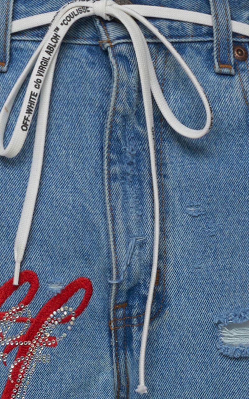 OFF-WHITE EV BRAVADO Crystal Distressed Denim Jeans Blue/Multicolor