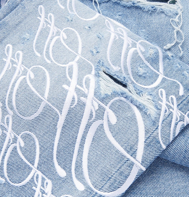OFF-WHITE EV BRAVADO Crystal Distressed Denim Jeans Light Blue