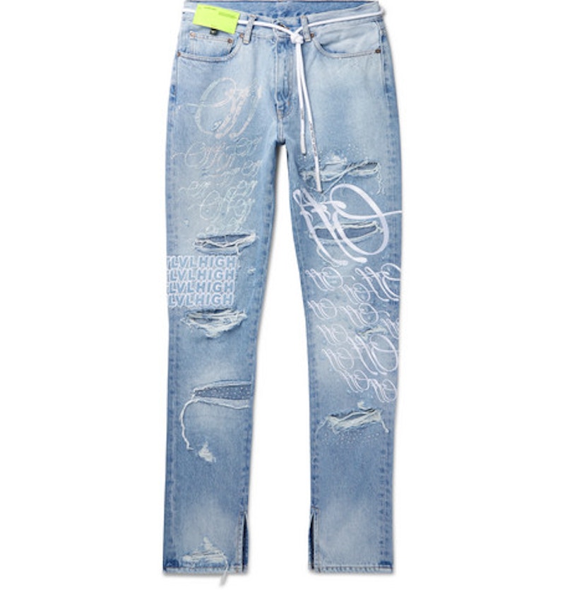 OFF-WHITE EV BRAVADO Crystal Distressed Denim Jeans Light Blue