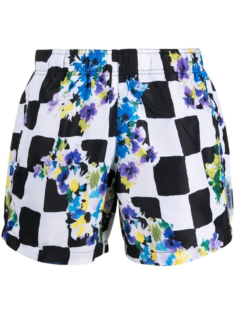 OFF-WHITE Floral-Print Checked Swim Shorts Black/White-Multi
