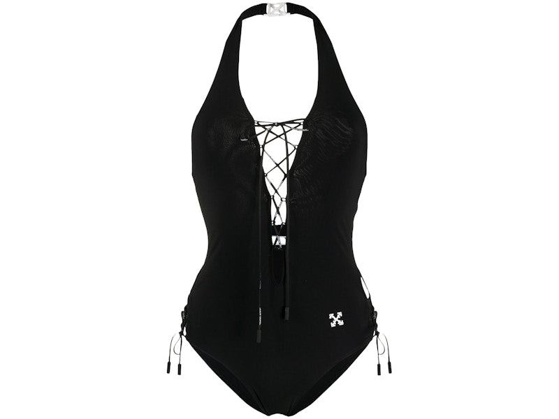 OFF-WHITE Lace-Up One Piece Swimsuit Black/White
