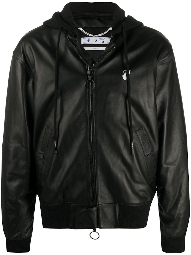 OFF-WHITE New Logo Leather Hooded Bomber Jacket Black/White