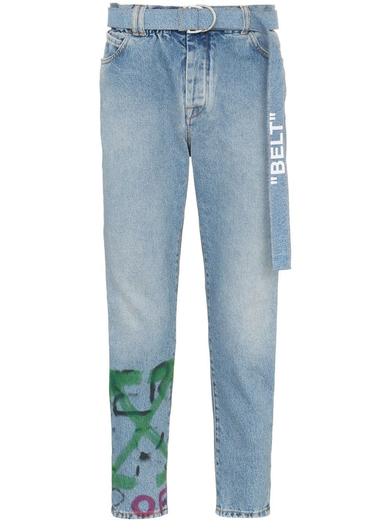 OFF-WHITE Slim Low Crotch Graffiti Denim Jeans Bleach/Multicolor
