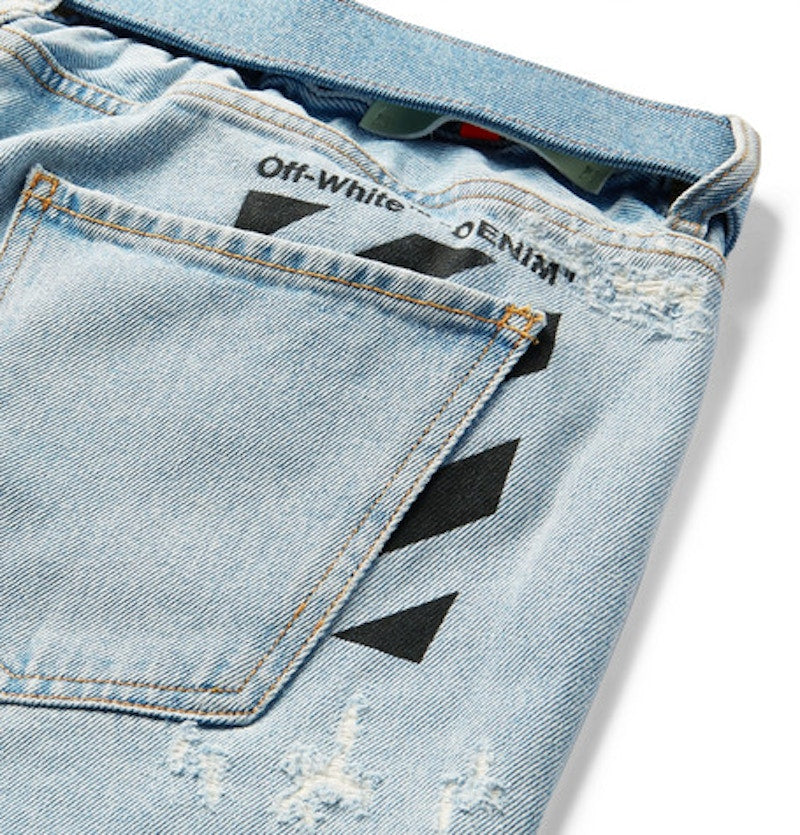 OFF-WHITE Tapered Distressed Denim Jeans Light Blue