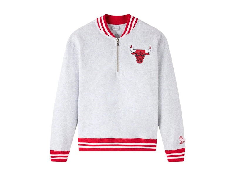 OVO NBA Chicago Bulls Quarter-Zip Quarter Zip Mockneck Sweatshirt Ash Heather Grey
