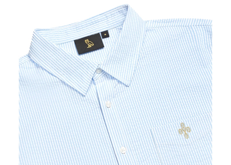 OVO Short Sleeve Seersucker Button Up Shirt Pale Blue/White