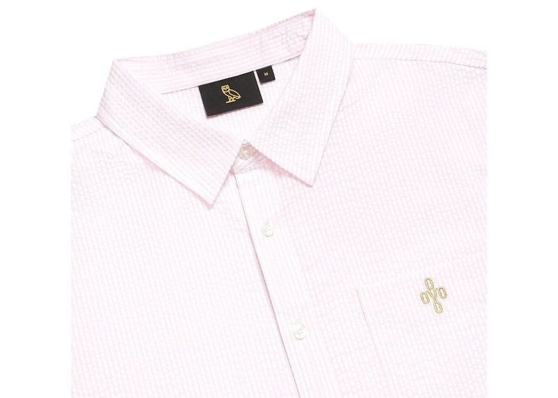 OVO Short Sleeve Seersucker Button Up Shirt Pale Pink/White