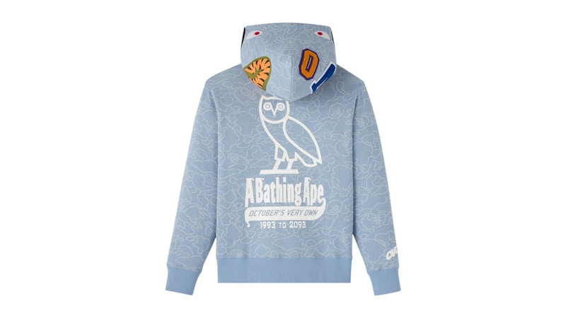 OVO x BAPE Neon 1st Camo Shark Full-Zip Hoodie Light Indigo