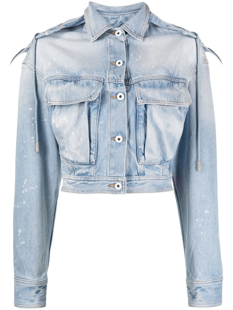 OFF-WHITE Distressed Cropped Denim Jacket Light Blue