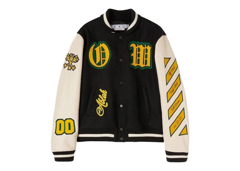 OFF-WHITE Graphics Leather Varsity Jacket Black/White/Yellow/Green