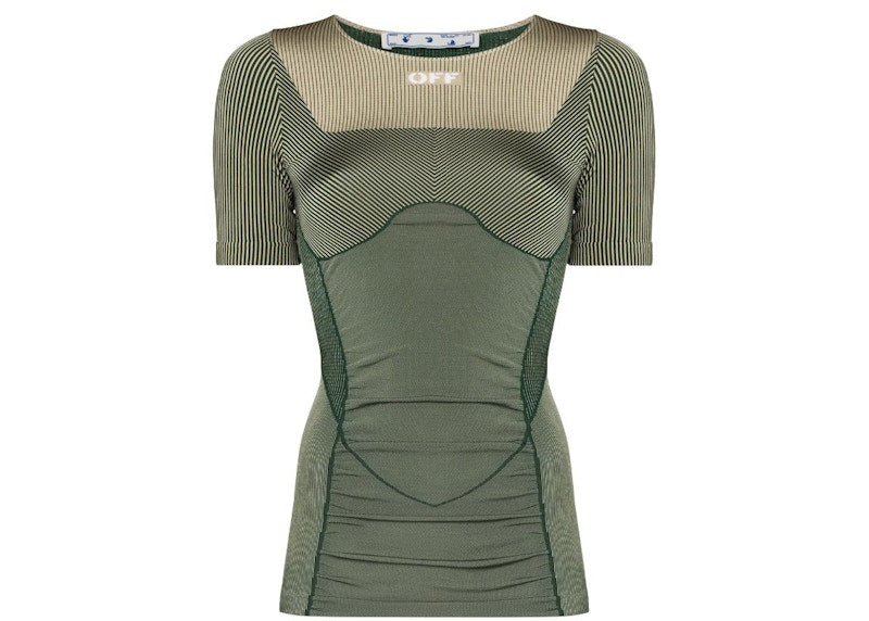 OFF-WHITE Paneled Short-Sleeve Performance Top Dark Green/Taupe/White