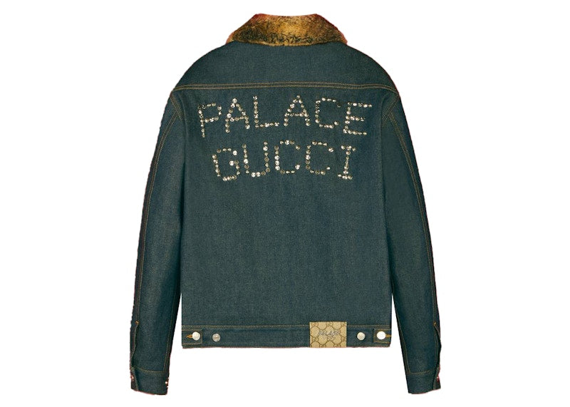 Palace x Gucci Crystals and Studs Details Denim/Faux Fur Jacket Dark Blue Denim