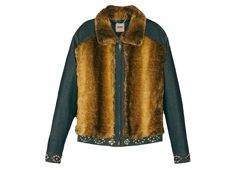 Palace x Gucci Crystals and Studs Details Denim/Faux Fur Jacket Dark Blue Denim