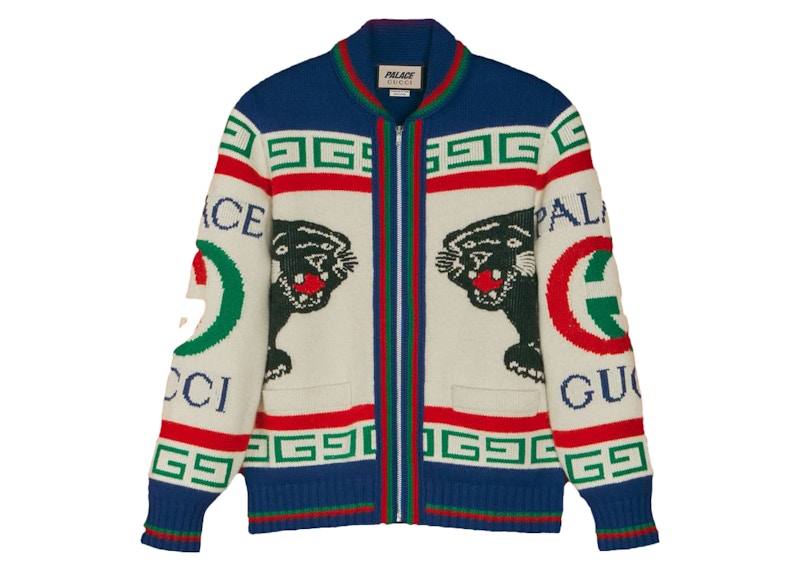 Palace x Gucci Wool Jacquard Knit Logo Bomber Ivory/Light Blue