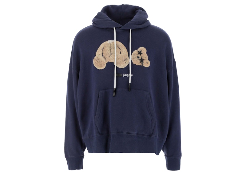Palm Angels Bear Print Sprayed Logo Hoodie Navy Blue/Brown