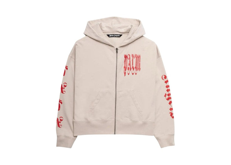 Palm Angels Gothic Logo Zipped Hoodie Beige/Red