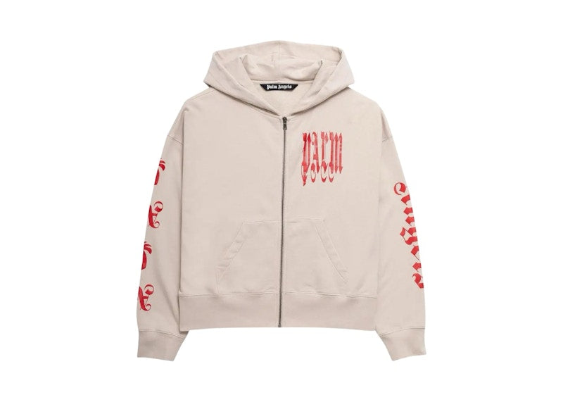 Palm Angels Gothic Logo Zipped Hoodie Beige/Red