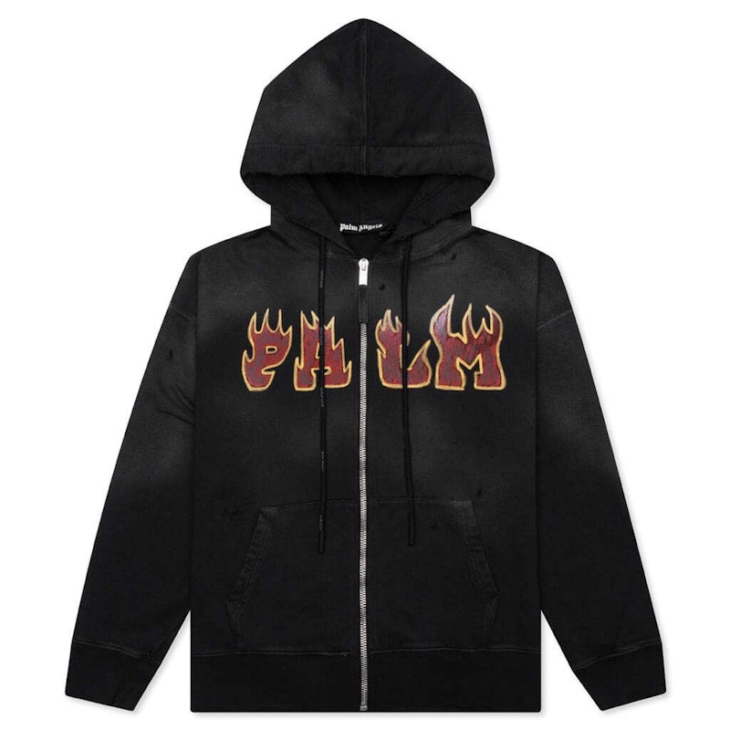 Palm Angels Logo Flames Zipped Vintage Hoodie Black/Red