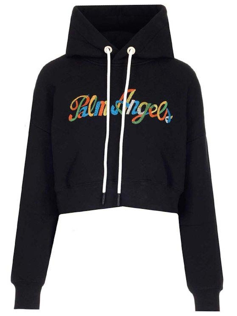 Palm Angels Logo Print Cropped Hoodie Black