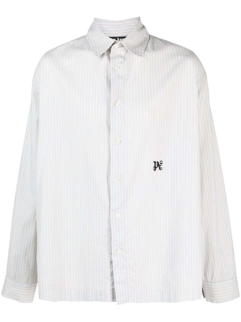Palm Angels Monogram-Embroidered Striped Shirt Light Blue/Ecru