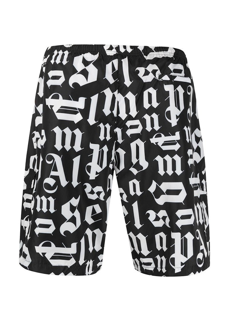 Palm Angels Monogram Print Swim Shorts Black White